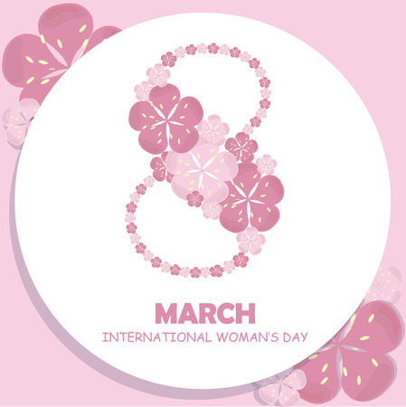 Congratulation round typography banner 8 March International Women's Day, hand drawn painting pink sakura flowers on white, congratulation card stock vector illustrationのイラスト素材