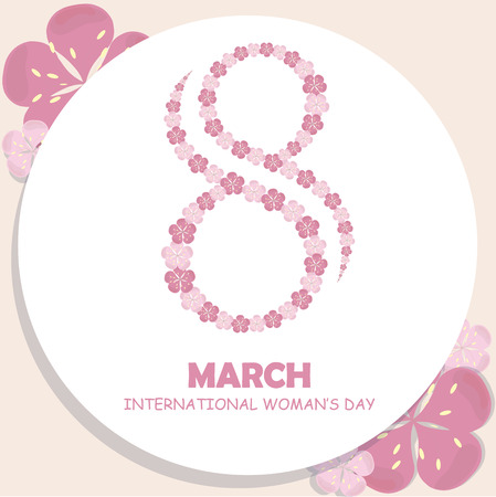 Congratulation round typography banner 8 March International Women's Day, hand drawn painting pink sakura flowers on white, congratulation card stock vector illustrationのイラスト素材