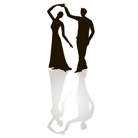 Black silhouette figures of dancing man and woman on white, gray shadow, tango dancing, stock vector illustrationのイラスト素材