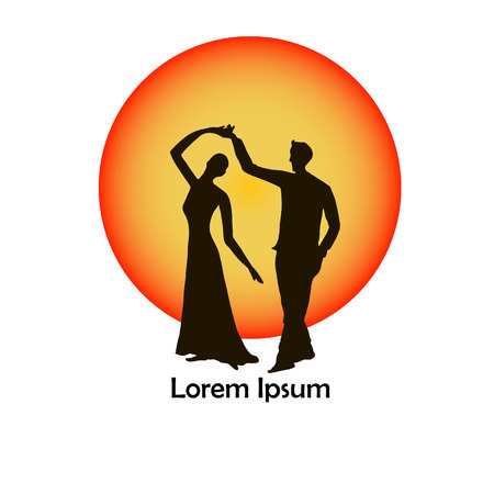 Black silhouette figures dancing man and woman on red and orange circle, for tango, dancing logo stock vector illustrationのイラスト素材