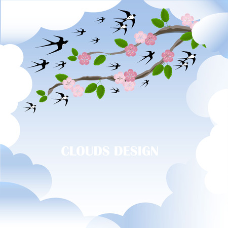 Clouds design background, blooming sakura branch, flying swallows stock vector illustration design elementのイラスト素材