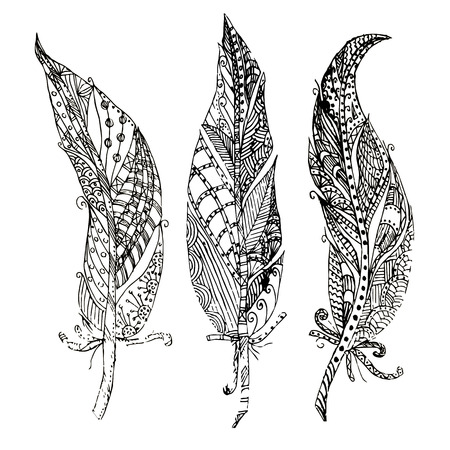 Hand drawn vector monochrome feathers sketch, doodle style design element for print, for webのイラスト素材