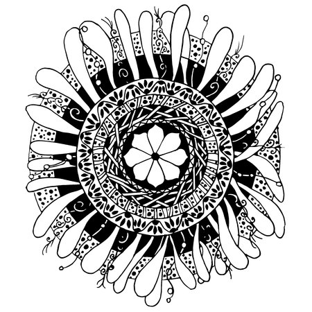 Hand drawn vector monochrome mandala sketch, doodle style design element, ethnic amulet for print, for web.のイラスト素材