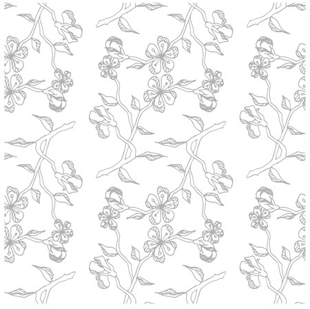 Seamless hand drawn pattern gray sakura blooming branch on white stock vector illustration for print, for webのイラスト素材