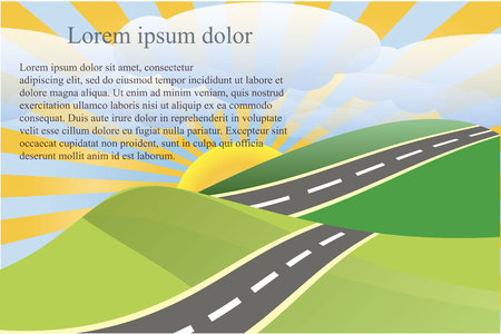 Landscape background with green heels and gray road, white clouds, yellow sun, Lorem Ipsum stock vector illustrationのイラスト素材