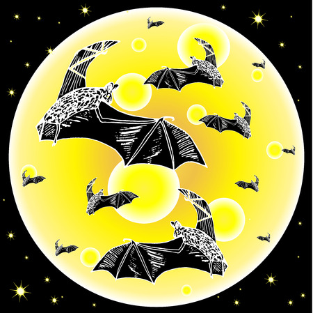 Cartoon flat design bats silhouette on yellow moon background, night dark blue sky, stars stock vector illustrationのイラスト素材