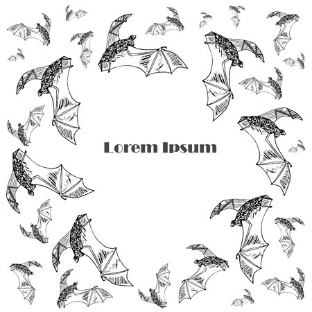 Round monochrome background flying bats Lorem ipsum stock vector illustration design elementのイラスト素材