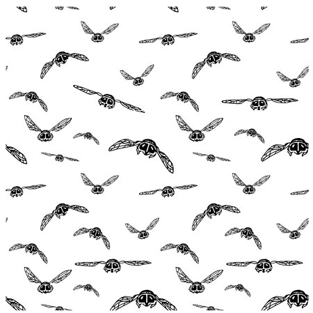 Seamless hand drawn ink monochrome flies flying in the original perspective, funny sketch stock vector illustrationのイラスト素材
