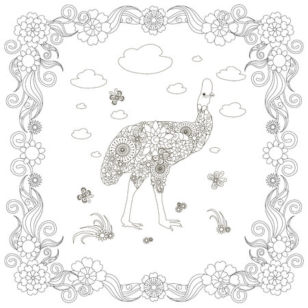 Monochrome doodle hand drawn kazarian, clouds, flowers, frame. Anti stress stock vector illustrationのイラスト素材