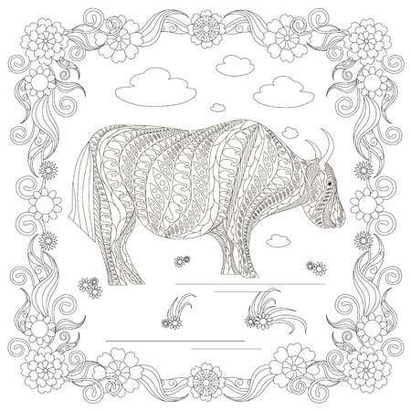 Monochrome doodle hand drawn yak, clouds, flowers, frame. Anti stress stock vector illustrationのイラスト素材