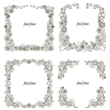 Monochrome doodle hand drawn floral frame set. Anti stress stock vector illustrationのイラスト素材