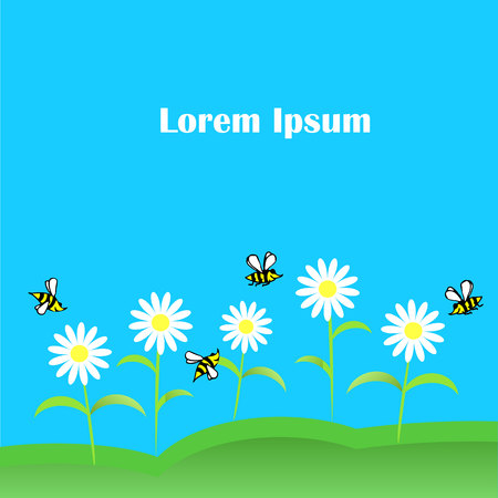 Cute background cartoons yellow and black bees, white chamomile, on blue, Lorem ipsum stock vector illustration for designのイラスト素材