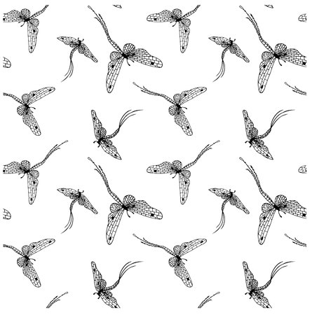 Seamless hand drawn ink monochrome of flies flying, in original perspective, funny sketch stock vector illustrationのイラスト素材