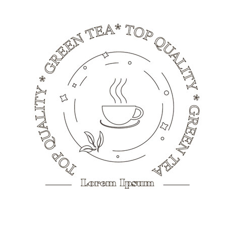 Monochrome label Green Tea for print. Perfect design element for advertising, banners and flyers with tea symbols made in modern line style, stock vector illustration.のイラスト素材