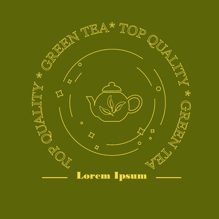Green label Green Tea for print, yellow lines. Perfect design element for advertising, banners and flyers with tea symbols made in modern line style, stock vector illustration.のイラスト素材