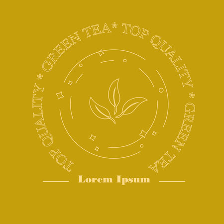 Yellow label Green Tea for print, yellow lines. Perfect design element for advertising, banners and flyers with tea leaf symbols made in modern line style, stock vector illustration.のイラスト素材