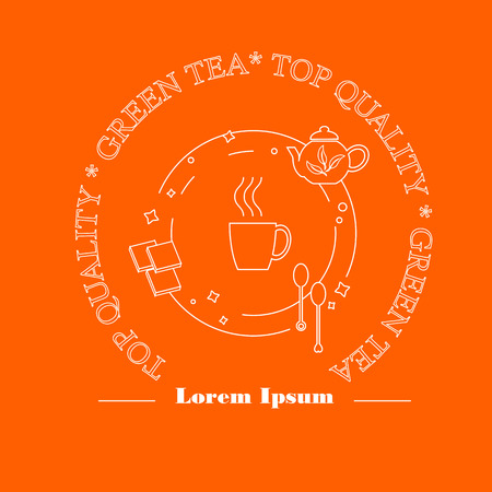 Round brain  label Green Tea for print, white lines. Perfect design element for advertising, banners and flyers with tea leaf symbols, cup, teaspoons, sugar cubs made in modern line style, stock vector illustrationのイラスト素材