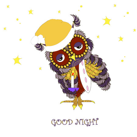 Cartoon flat design violet and yellow owl with pillow and light candle, typography banner.のイラスト素材