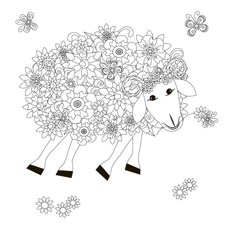 Flowers sheep monochrome sketch, coloring page anti-stress stok vector illustration for print, for coloring pageのイラスト素材