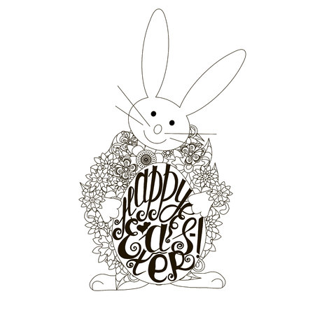 Easter bunny with lettering Happy Easter on egg, anti-stress coloring page stock vector illustration.のイラスト素材
