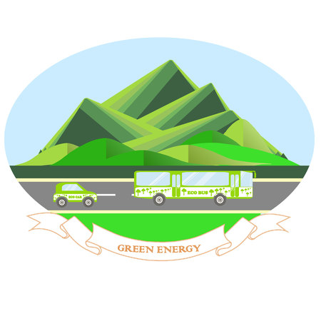 Oval illustration Green energy with mountain landscape, gray road, eco bus, eco car, blue sky. Modern flat design, design elements, stock vector illustrationのイラスト素材