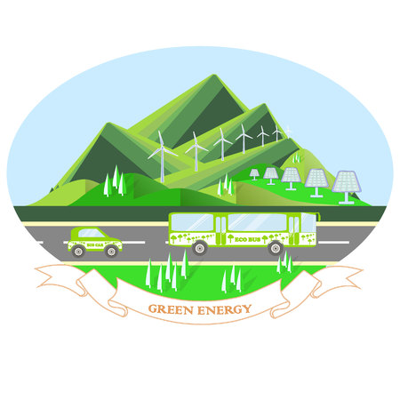 Oval illustration Green energy with a mountain landscape, gray road, eco bus, eco car, windmills, blue sky in modern flat design illustration.のイラスト素材