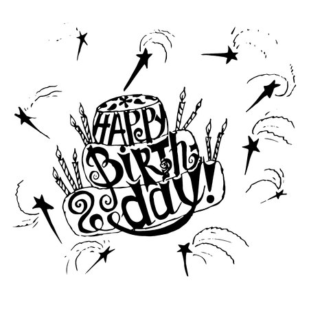 Monochrome lettering Happy Birthday, pie, candles, stars stock vector illustration for web, for print, for typography bannerのイラスト素材