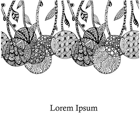 Seamless background hand drawn zen tangle monochrome stylized cherry, Lorem ipsum stock vector illustration for web, for print, for coloring page, for antistress page.のイラスト素材