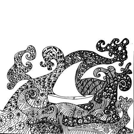 Hand drawn zen style on waves antistress coloring book stock vector illustrationのイラスト素材