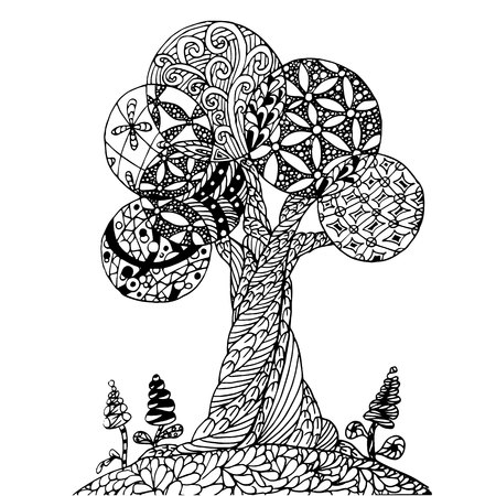 Background hand drawn zen tangle monochrome stylized tree, stock vector illustration for web, for print, for coloring page, for antistress pageのイラスト素材