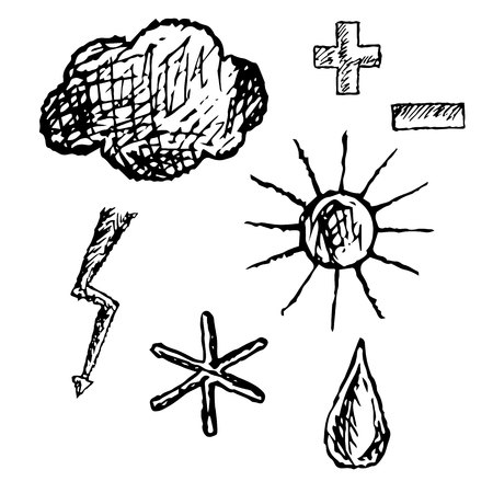Weather icons. Hand drawn monochrome graphic cloud, raindrop, snowflake, sun. Objects on a white background, clip art, stock vector illustration for web, for printのイラスト素材
