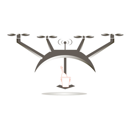 Gray air drone with red outlines with a bottle of wine in a bucket, flat design icon stock photography illustration, sign of wine deliveryのイラスト素材