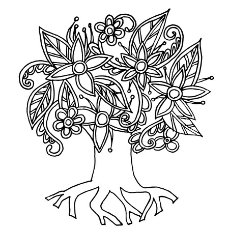 A Background hand drawn doodle monochrome stylized tree, stock vector illustration for web, for print, for coloring page, for antistress pageのイラスト素材
