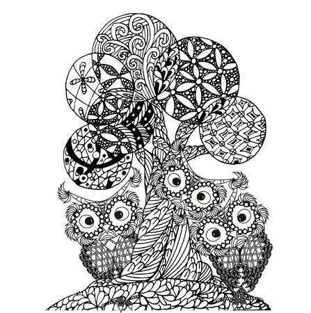 Monochrome hand drawn zen stylized tree and owls. Stock vector illustration for web, for print, coloring page, anti-stress page.のイラスト素材