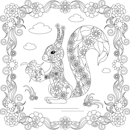 Doodle monochrome squirrel in flower frame monochrome sketch, coloring page anti-stress stock vector illustration for print, for coloring page.のイラスト素材