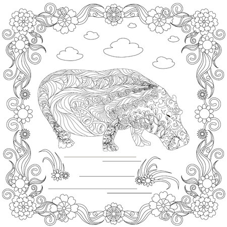 Zen tangle hippo in flower frame monochrome sketch, coloring page anti-stress stock vector illustration for print, for coloring page.のイラスト素材