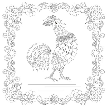 style chicken in flower frame monochrome sketchのイラスト素材