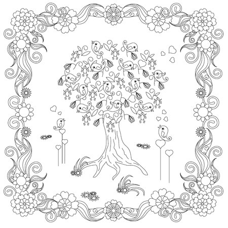 Zentangle style tree with loving bird, hearts in flower frame monochrome sketch, coloring page antistress stock vector illustration for print, for coloring pageのイラスト素材