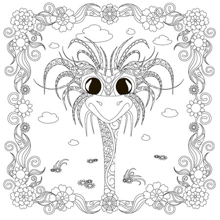 Zentangle style cheerful ostrich head in flower frame monochrome sketch, coloring page antistress stock vector illustration for print, for coloring pageのイラスト素材