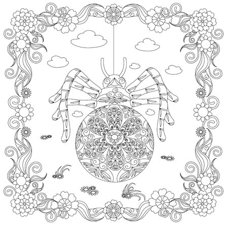 Zentangle style spider in flower frame monochrome sketch, coloring page antistress stock vector illustration for print, for coloring pageのイラスト素材