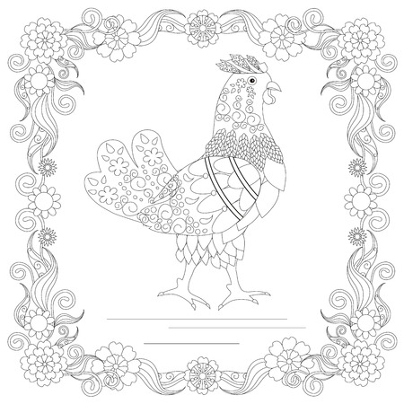 Zentangle style chicken in flower frame monochrome sketch, coloring page antistress stock vector illustration for print, for coloring pageのイラスト素材