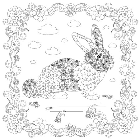 Zen hare in flower frame monochrome sketch, coloring page antistress stock vector illustration for print, for coloring pageのイラスト素材