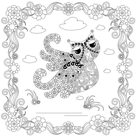 Zentangle style owl in flower frame monochrome sketch, coloring page antistress stock vector illustration for print, for coloring pageのイラスト素材