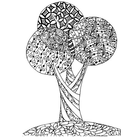Background hand drawn zen tangle monochrome stylized tree, stock vector illustration for web, for print, for coloring page and for antistress pageのイラスト素材
