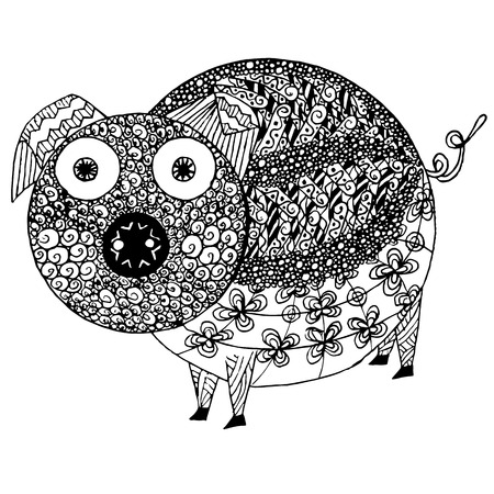 Zen tangle pig monochrome sketch, coloring page antistress stock vector illustration for print and for coloring pageのイラスト素材