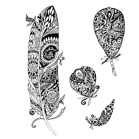 Hand drawn vector monochrome feathers sketch, doodle style design elements stock vector illustration for print, for webのイラスト素材