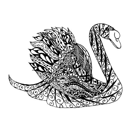 Swan monochrome sketch, coloring page antistress stock vector illustration for print, for coloring pageのイラスト素材