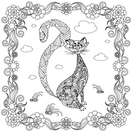 Black cat in flower frame monochrome sketch, coloring page antistress stock vector illustration for print, for coloring pageのイラスト素材