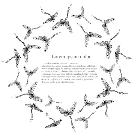 Round background with hand drawn ink monochrome flies flying.のイラスト素材