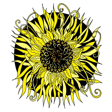 Hand drawn vector black and yellow mandala, doodle style design element, ethnic amulet for print, for webのイラスト素材